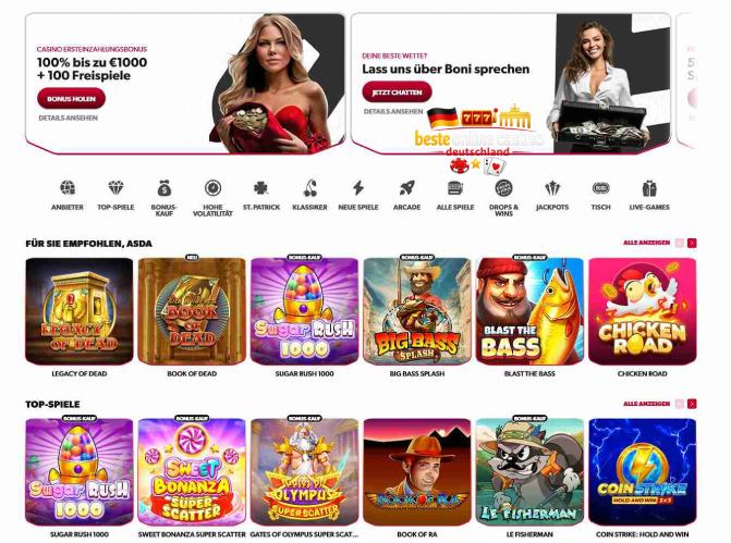 Betista Casino Deutschland Lobby mit Casino Bonus, Freispielen und beliebten Slot-Spielen wie Book of Ra