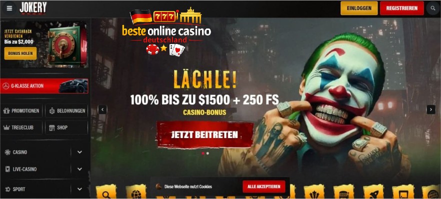 Jokery Casino Deutschland Startseite mit 100 % Bonus bis 1.500 $ und 250 Freispielen für neue Spieler