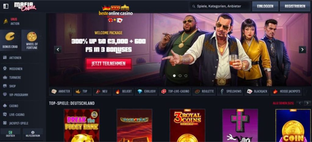 Mafia Casino Deutschland Startseite mit Willkommensbonus bis 3.000 € und 600 Freispiele für neue Spieler
