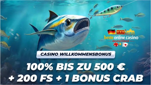 Casino Willkommensbonus Deutschland mit 100 % bis 500 €, 200 Freispielen und Bonus Crab Angebot